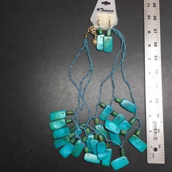 Turquoise Statement Necklace Earrings Silver Green Dangle Pierced Retro BoHo - Picture 7 of 7